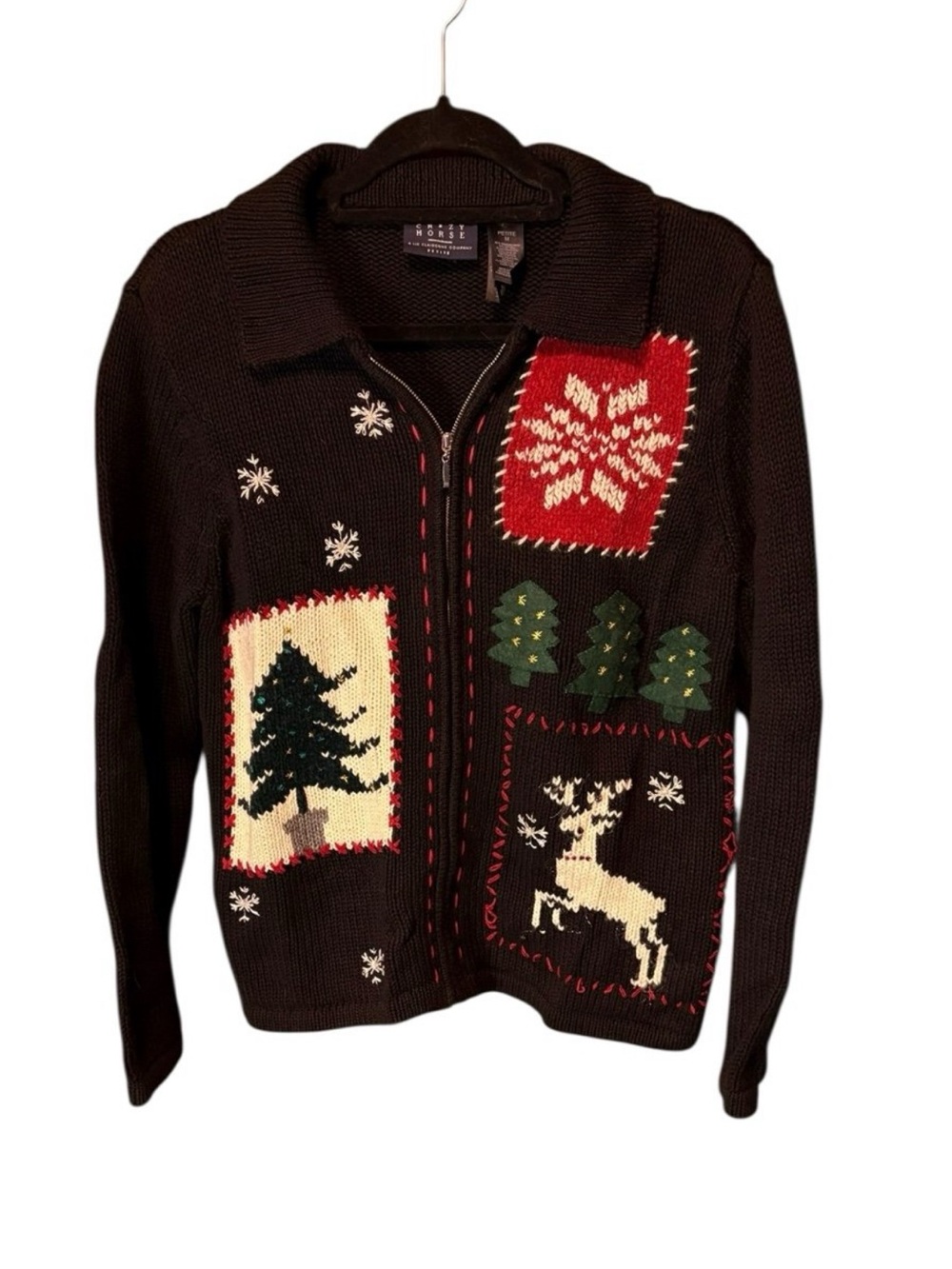 Liz Claiborne Holiday Christmas Zip-Up Sweater Black Petite Medium